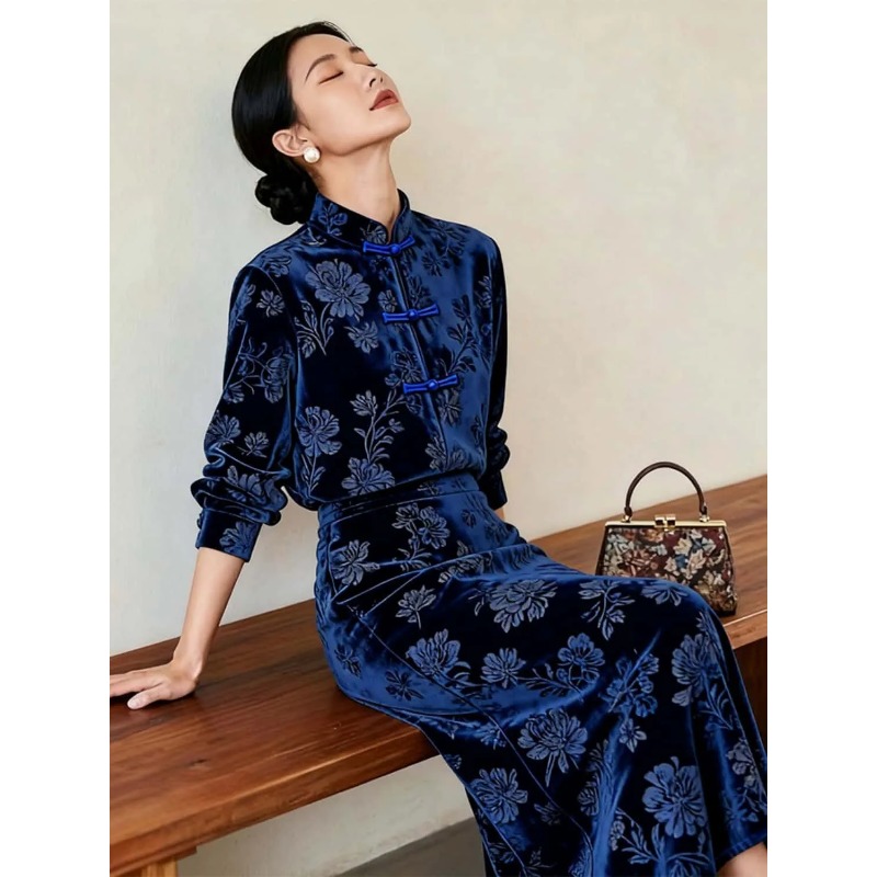 Women New Chinese Style Velvet - Midi Skirt Floral 评论和价格