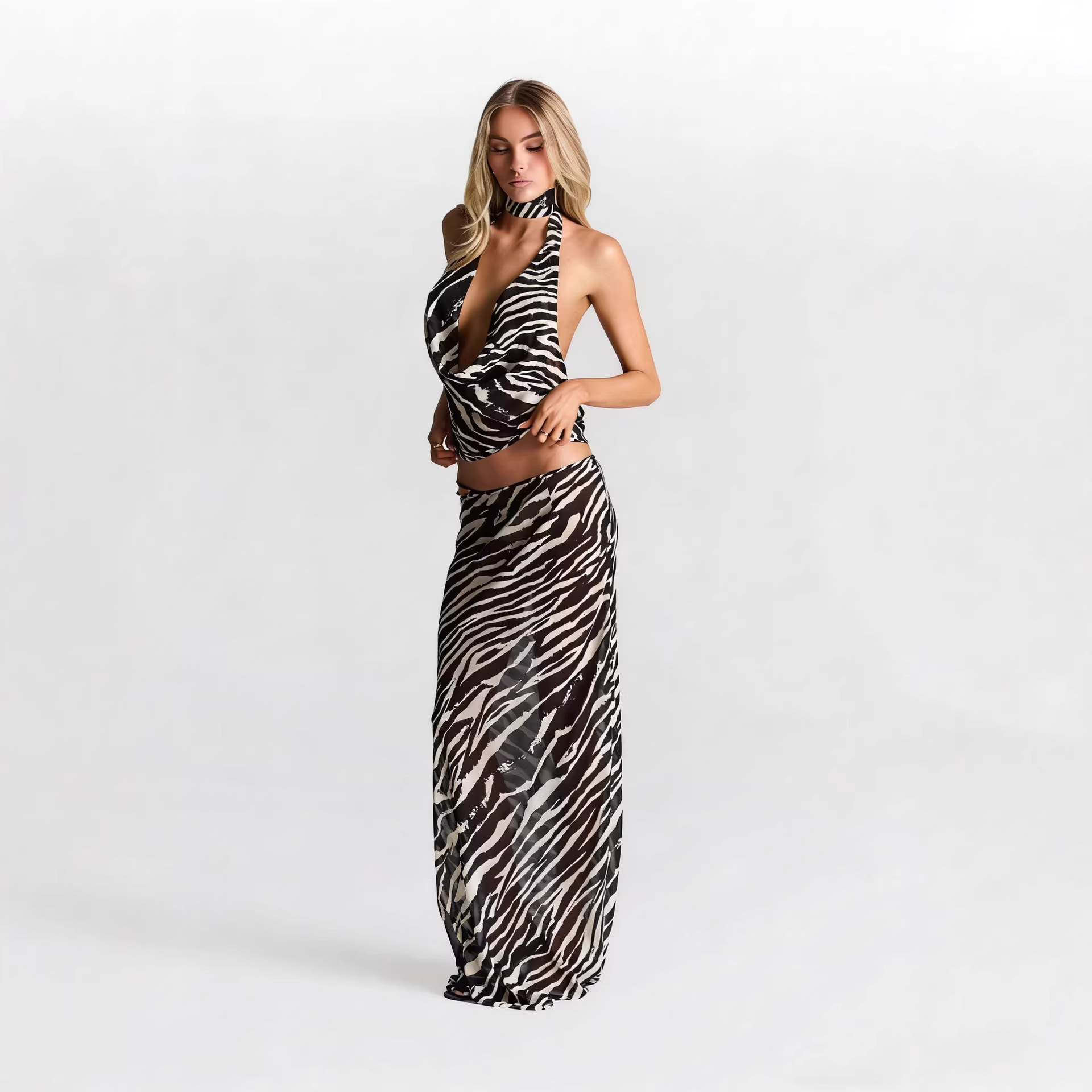 Zebra Print Halter 2 Piece Set - Maxi Dress Halter 评论和价格