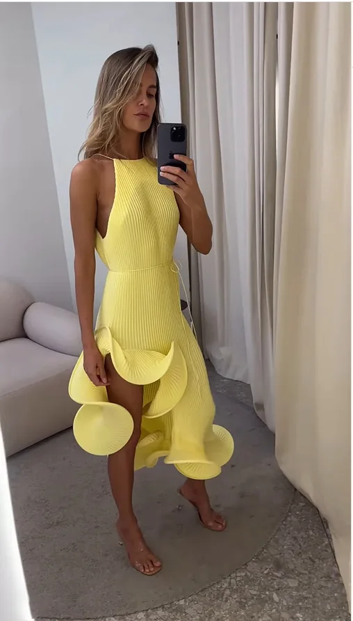 Women Elegant Yellow Halter Ma - Maxi Dress Halter 评论和价格
